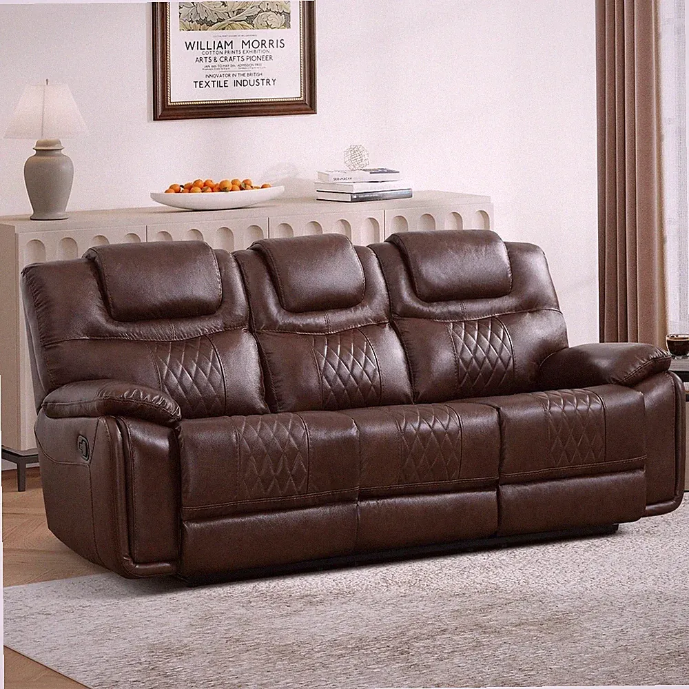 EBELLO Genuine Leather Manual Reclining Sofa, Overstuffed Armrest 3 Seat Couch